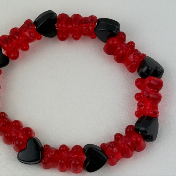 Handmade Red Gummy Bear Black Heart Beaded Stretch Bracelet Kandi Kawaii Goth #2 - Picture 8 of 10